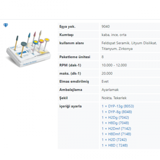 EVE Dental Diapol HP 310 Porselen Parlatma Lastik Seti- Piyasemen için Cila seti 8 li